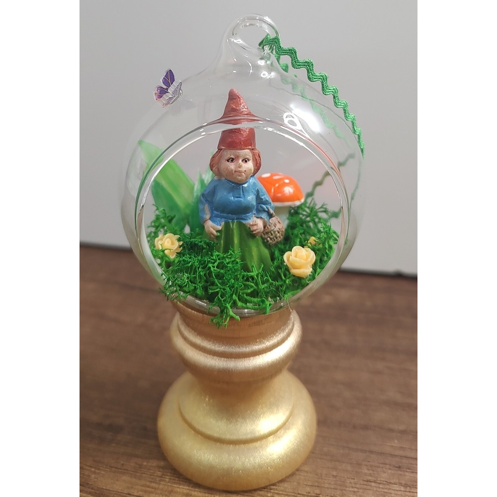 Gnome Christmas Ornament Handmade Glass Diorama Terrarium Fairy Garden Mushroom